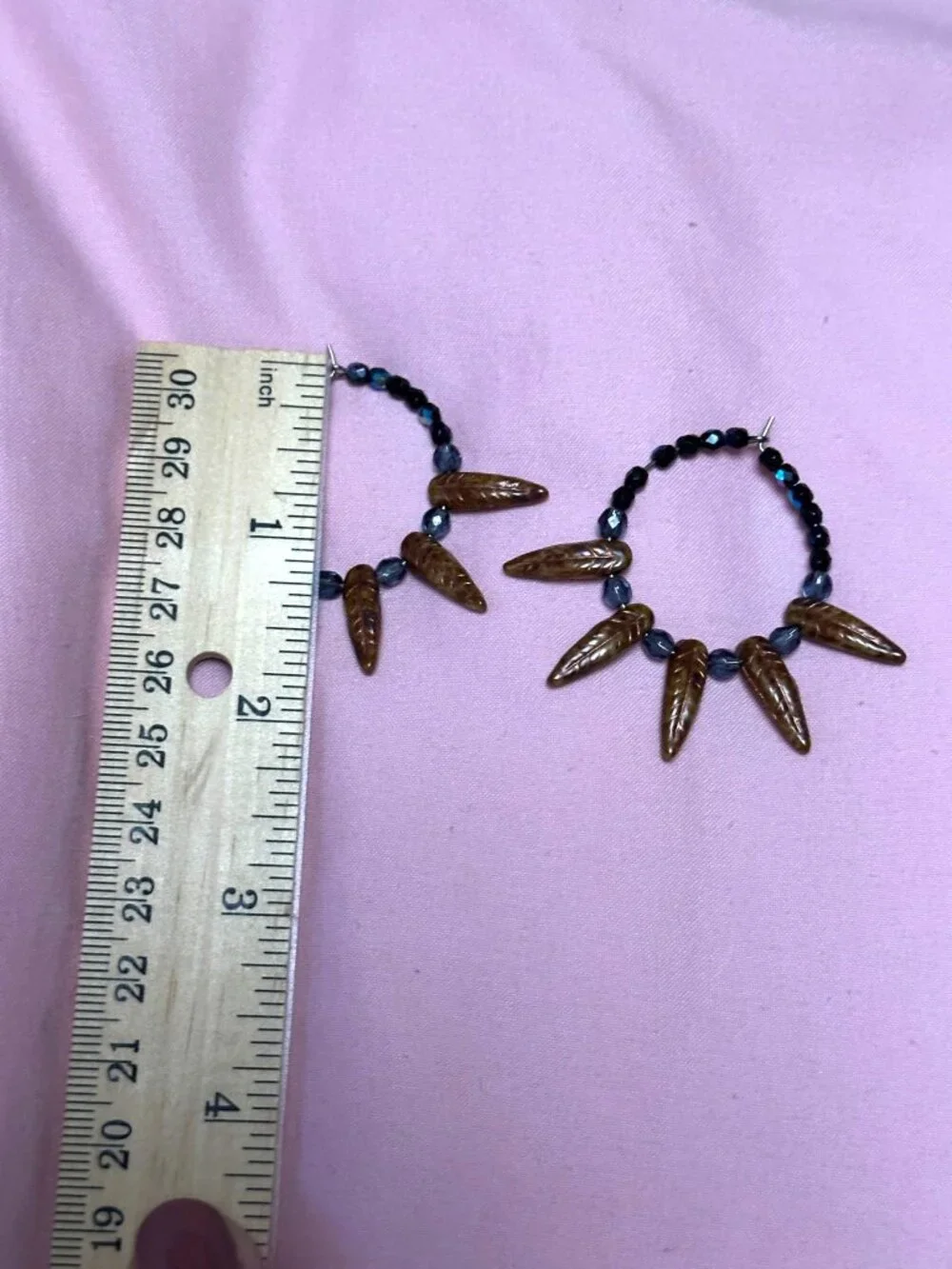 Boho Czech Glass Hoop Earrings Rustic Bronze Dagger Beads Blue Artisan